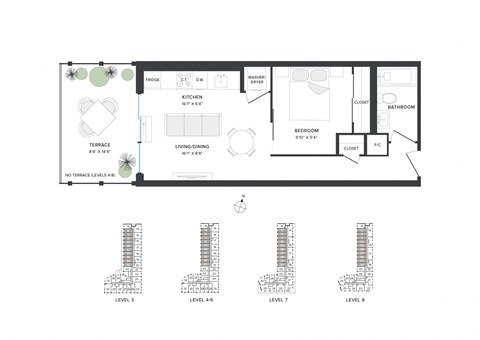 Floor plan for 1 bed, 1 bath, 518 sqft